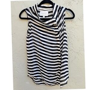 Brochu Walker Black White Striped Sheer Cowl Neck Sleeveless Silk Top Blouse